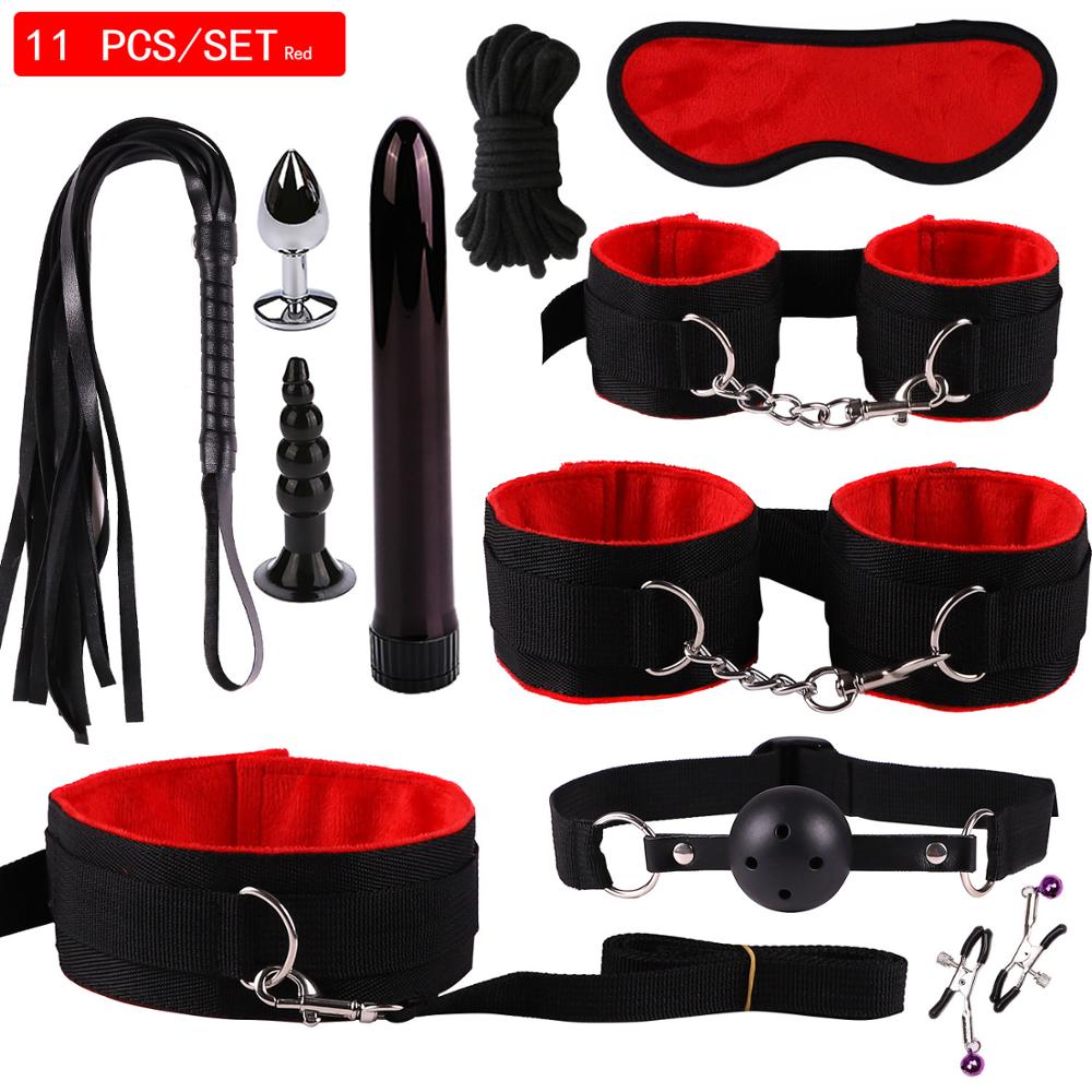 11PCS/SET Sex Toys For Couples Exotic Accessories Nylon Silicone Sex Bondage Set Lingerie Handcuffs Whip Rope Anal Vibrator